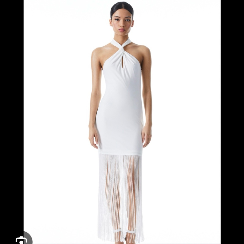 Alice + Olivia STEPH TWIST NECK FRINGE DRESS